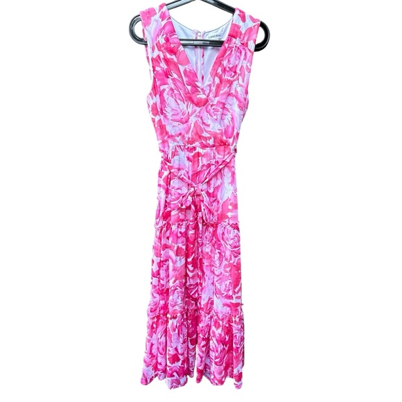 Calvin Klein Dresses & Skirts - Calvin Klein Pink Floral Tiered Maxi Ruffle Dress w/belt Size 12